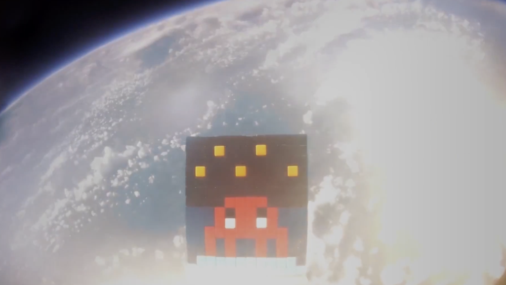 Stills from Invader ART4SPACE film, documenting the SpaceOne mosaic, handmade spacecraft, recovery mission and stratospheric journey. All copyright Invader