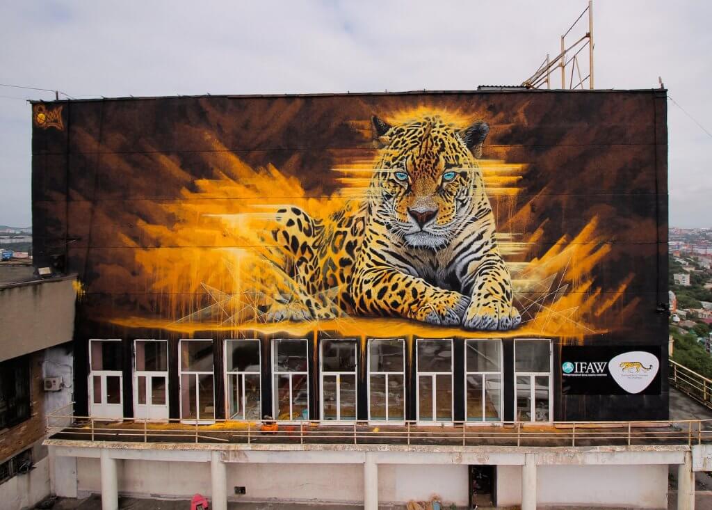 Sonny, To the Bone Street Art Mural, Far Eastern Leopard, Vladivostok Russia 2017. Photo Credit Tess Cunliffe.