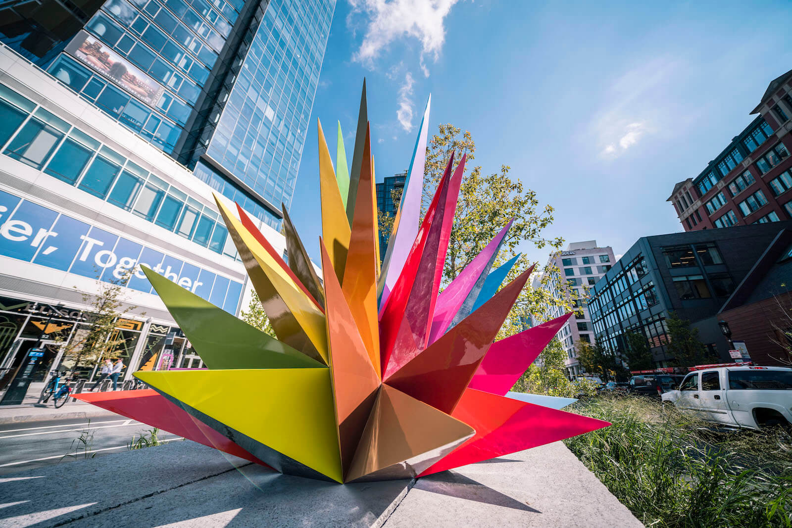 Okuda's vibrant kaleidoscope sculptures transforms Boston Seaport, 2018