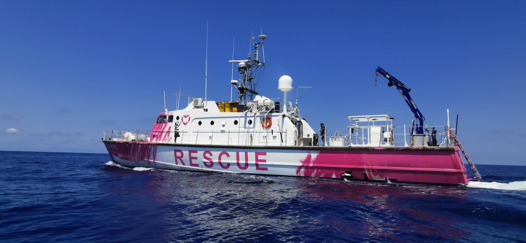 Banksy's rescue boat 'MV Louise Michel' saving lives of refugees in the Mediterranean. Photo courtesy of Louise Michel 2020